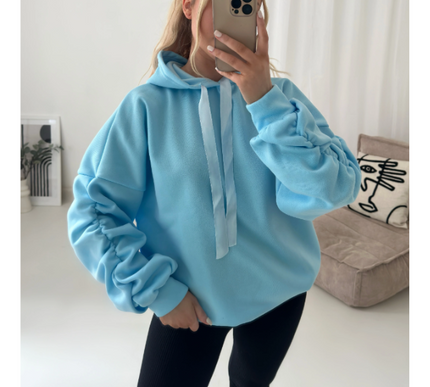Women’s Ruched Sleeve Silk Ribbon Hoodie Fashion | Oversized Fleece Sweatshirt | Stretchy All-Season Fit