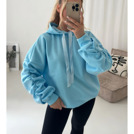 Women’s Ruched Sleeve Silk Ribbon Hoodie Fashion | Oversized Fleece Sweatshirt | Stretchy All-Season Fit