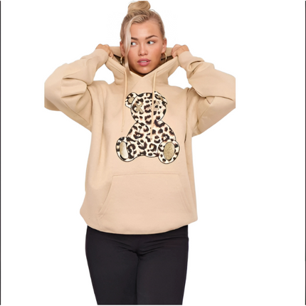 Women's Oversized Leopard Print Hoodie Dress with Teddy Graphic | Long Sleeve Baggy Sweatshirt Jumper for Streetwear & Loungewear |
