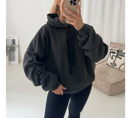 Women’s Ruched Sleeve Silk Ribbon Hoodie Fashion | Oversized Fleece Sweatshirt | Stretchy All-Season Fit