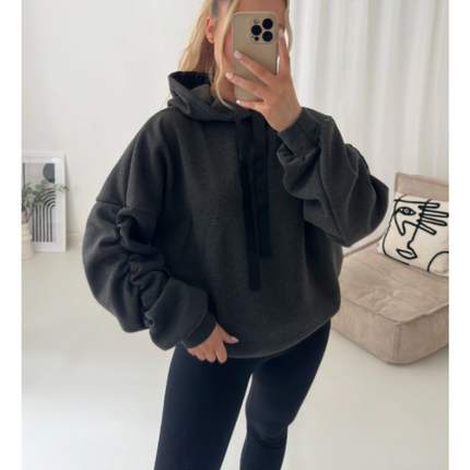 Women’s Ruched Sleeve Silk Ribbon Hoodie Fashion | Oversized Fleece Sweatshirt | Stretchy All-Season Fit