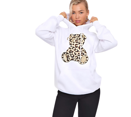 Women's Oversized Leopard Print Hoodie Dress with Teddy Graphic | Long Sleeve Baggy Sweatshirt Jumper for Streetwear & Loungewear |