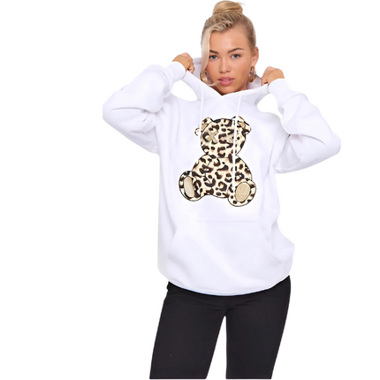 Women's Oversized Leopard Print Hoodie Dress with Teddy Graphic | Long Sleeve Baggy Sweatshirt Jumper for Streetwear & Loungewear |