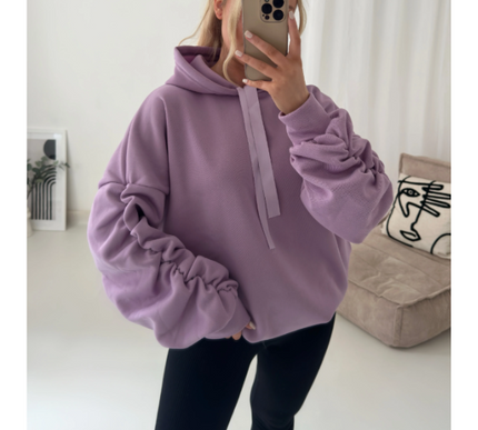 Women’s Ruched Sleeve Silk Ribbon Hoodie Fashion | Oversized Fleece Sweatshirt | Stretchy All-Season Fit