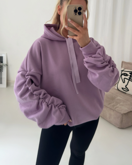 Women’s Ruched Sleeve Silk Ribbon Hoodie Fashion | Oversized Fleece Sweatshirt | Stretchy All-Season Fit