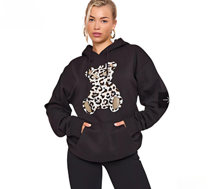 Women's Oversized Leopard Print Hoodie Dress with Teddy Graphic | Long Sleeve Baggy Sweatshirt Jumper for Streetwear & Loungewear |