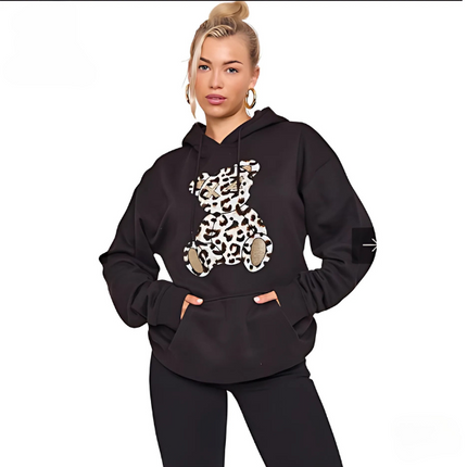 Women's Oversized Leopard Print Hoodie Dress with Teddy Graphic | Long Sleeve Baggy Sweatshirt Jumper for Streetwear & Loungewear |