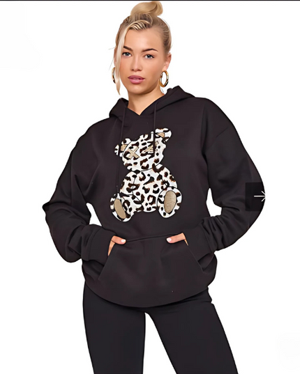 Women's Oversized Leopard Print Hoodie Dress with Teddy Graphic | Long Sleeve Baggy Sweatshirt Jumper for Streetwear & Loungewear |