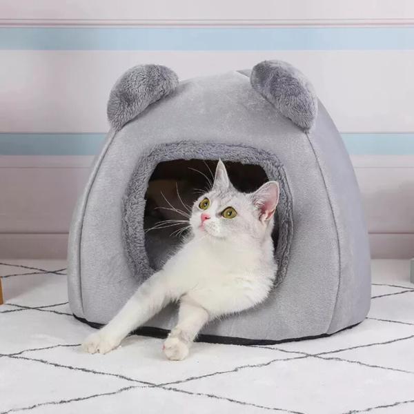 Cozy Pet Bed for Cats & Dogs – Washable Igloo Fleece Pyramid Cave Bed, Warm & Comfortable