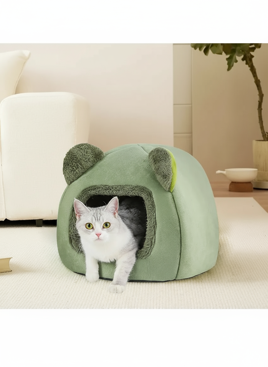 Cozy Pet Bed for Cats & Dogs – Washable Igloo Fleece Pyramid Cave Bed, Warm & Comfortable